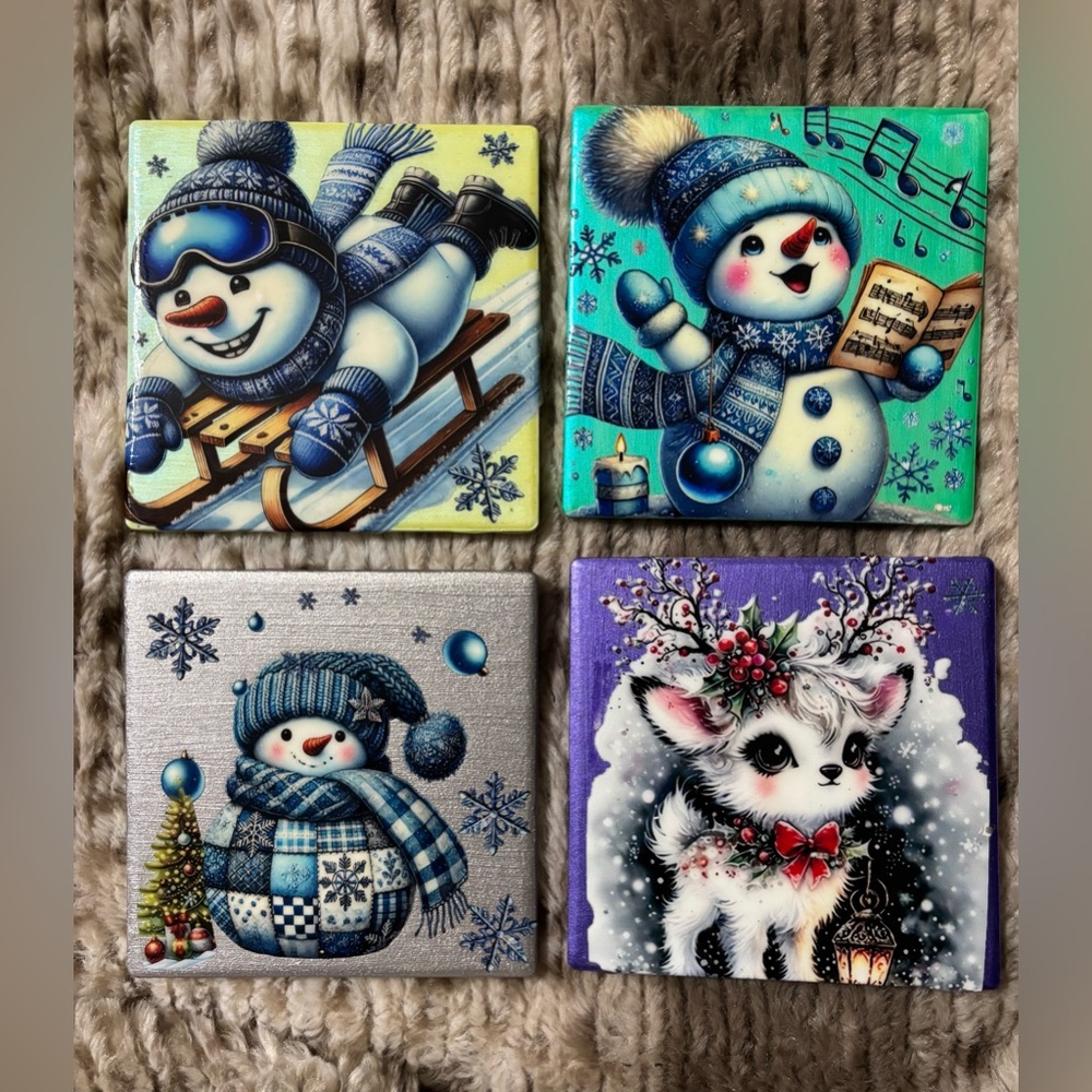 SPECIAL OOAK NEW Festive Snowman and Reindeer Holiday Coasters Set